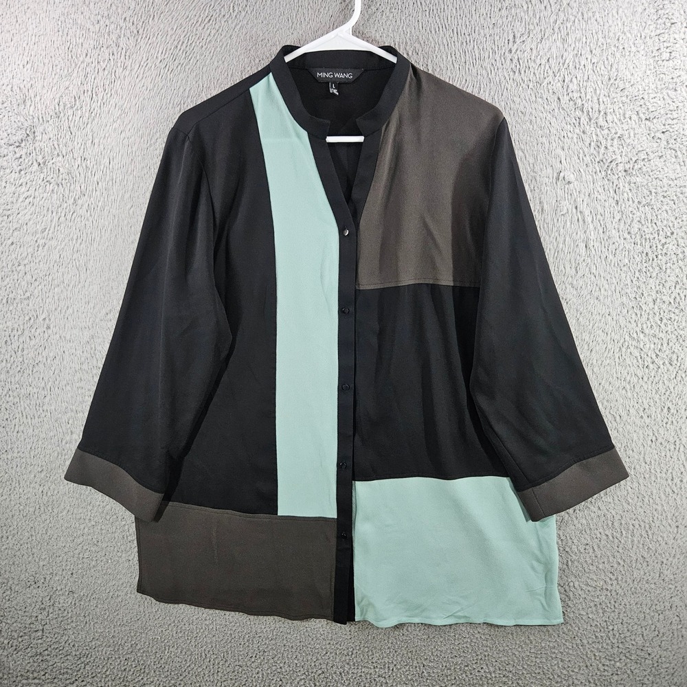 Ming Wang Womens Colorblock Button Front Tunic Top Black Mint Grey Large